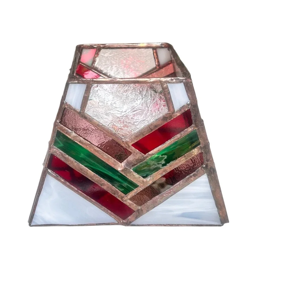 Vintage Stained Glass Tea Light Candle Holder Red Green White Chevron Geometric